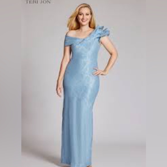Teri Jon by Rickie Freeman Double Layer Ruffle Metallic blue Jacquard Gown  12 - Picture 9 of 9